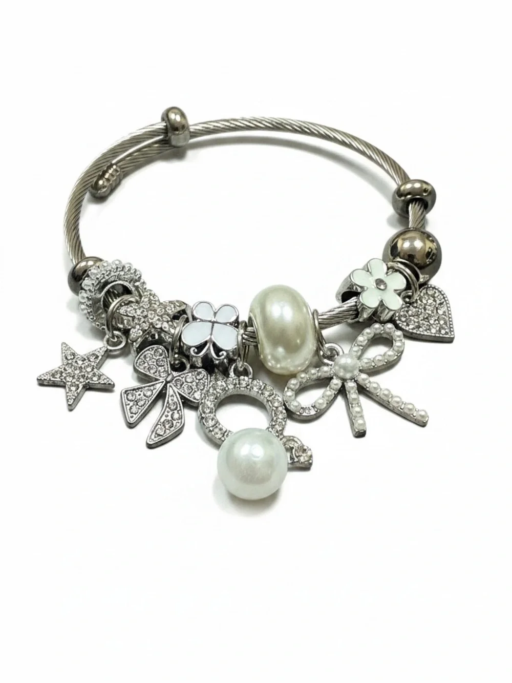 Silver Pearl & Crystal Charm Twisted Bangle Bracelet